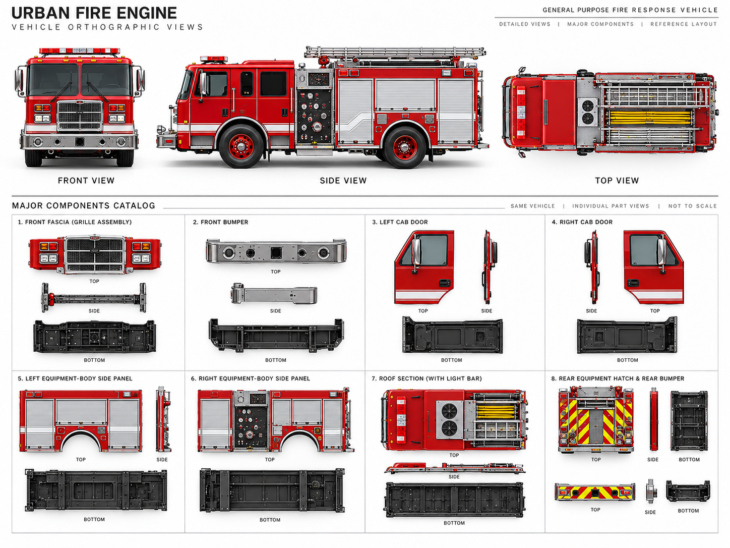 Urban fire engine reference sheet showing front, side and top views and a major components catalog.